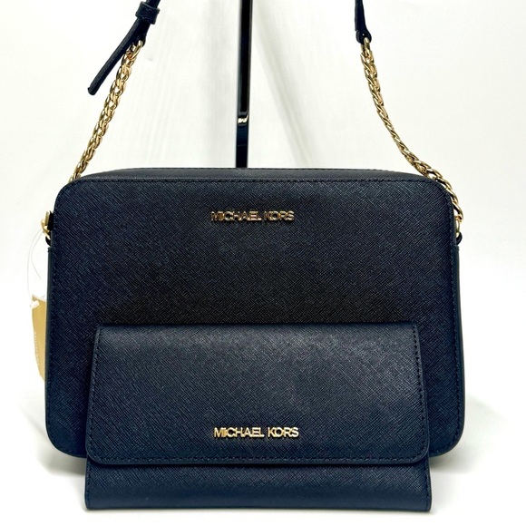 Michael Kors Jet Set Large Logo Crossbody Bag & Matching Trifold Wallet Black - Picture 2 of 11